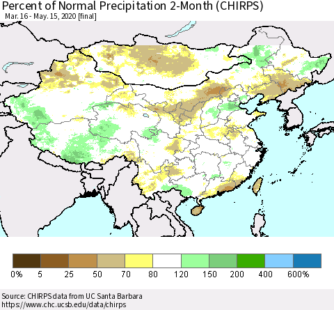 China, Mongolia and Taiwan Percent of Normal Precipitation 2-Month (CHIRPS) Thematic Map For 3/16/2020 - 5/15/2020