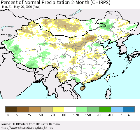 China, Mongolia and Taiwan Percent of Normal Precipitation 2-Month (CHIRPS) Thematic Map For 3/21/2020 - 5/20/2020