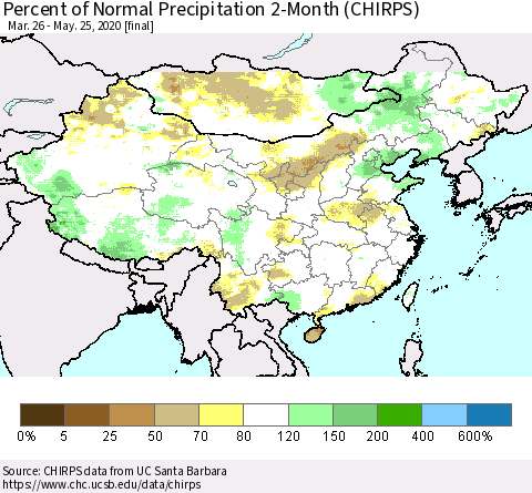 China, Mongolia and Taiwan Percent of Normal Precipitation 2-Month (CHIRPS) Thematic Map For 3/26/2020 - 5/25/2020