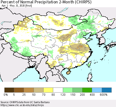 China, Mongolia and Taiwan Percent of Normal Precipitation 2-Month (CHIRPS) Thematic Map For 4/1/2020 - 5/31/2020