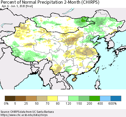 China, Mongolia and Taiwan Percent of Normal Precipitation 2-Month (CHIRPS) Thematic Map For 4/6/2020 - 6/5/2020