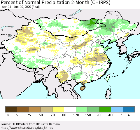China, Mongolia and Taiwan Percent of Normal Precipitation 2-Month (CHIRPS) Thematic Map For 4/11/2020 - 6/10/2020