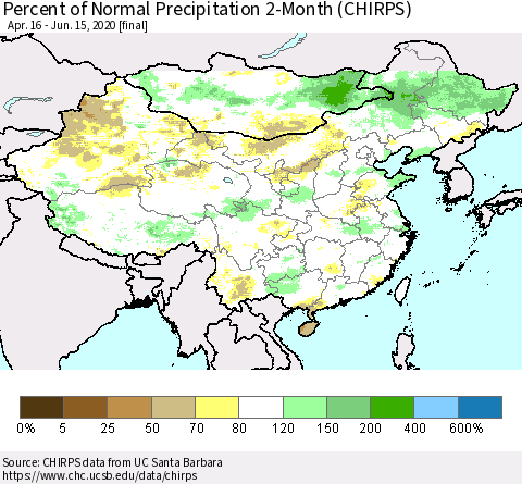 China, Mongolia and Taiwan Percent of Normal Precipitation 2-Month (CHIRPS) Thematic Map For 4/16/2020 - 6/15/2020