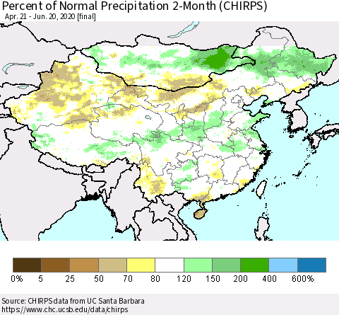 China, Mongolia and Taiwan Percent of Normal Precipitation 2-Month (CHIRPS) Thematic Map For 4/21/2020 - 6/20/2020
