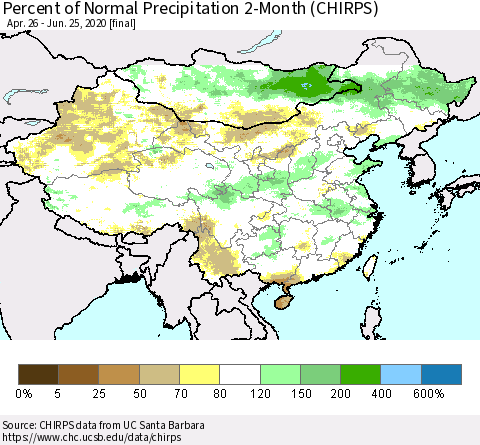 China, Mongolia and Taiwan Percent of Normal Precipitation 2-Month (CHIRPS) Thematic Map For 4/26/2020 - 6/25/2020