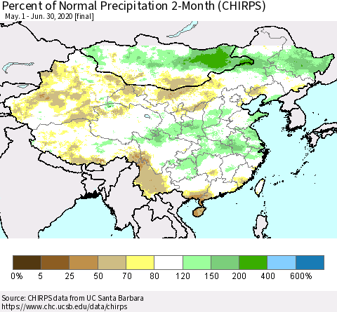 China, Mongolia and Taiwan Percent of Normal Precipitation 2-Month (CHIRPS) Thematic Map For 5/1/2020 - 6/30/2020