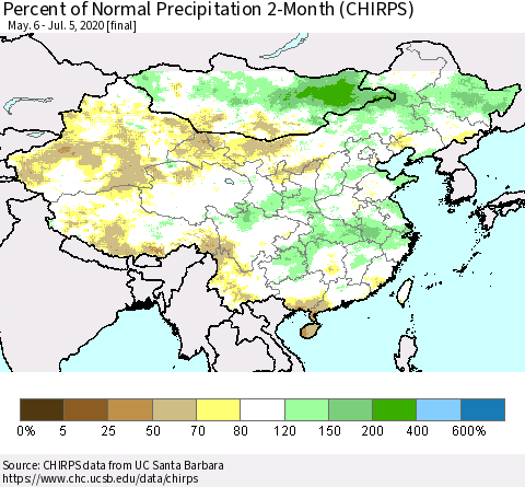 China, Mongolia and Taiwan Percent of Normal Precipitation 2-Month (CHIRPS) Thematic Map For 5/6/2020 - 7/5/2020