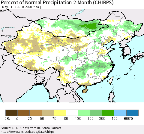 China, Mongolia and Taiwan Percent of Normal Precipitation 2-Month (CHIRPS) Thematic Map For 5/11/2020 - 7/10/2020