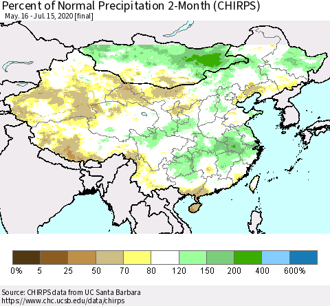 China, Mongolia and Taiwan Percent of Normal Precipitation 2-Month (CHIRPS) Thematic Map For 5/16/2020 - 7/15/2020