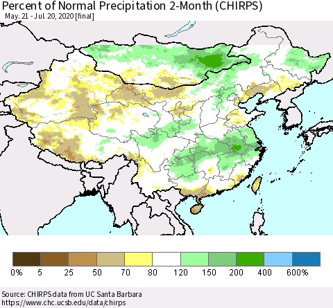 China, Mongolia and Taiwan Percent of Normal Precipitation 2-Month (CHIRPS) Thematic Map For 5/21/2020 - 7/20/2020