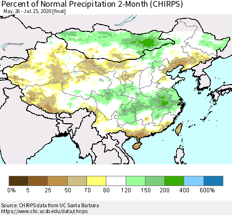China, Mongolia and Taiwan Percent of Normal Precipitation 2-Month (CHIRPS) Thematic Map For 5/26/2020 - 7/25/2020