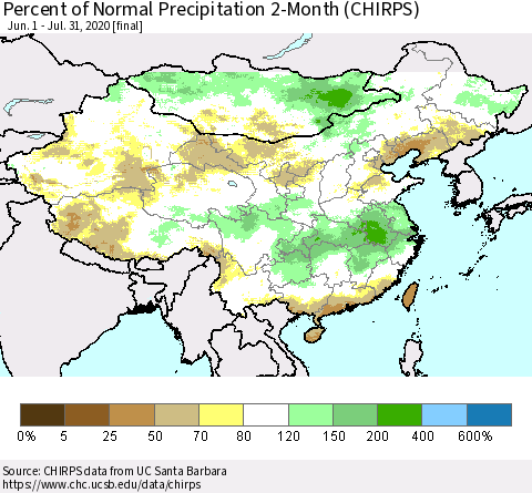China, Mongolia and Taiwan Percent of Normal Precipitation 2-Month (CHIRPS) Thematic Map For 6/1/2020 - 7/31/2020