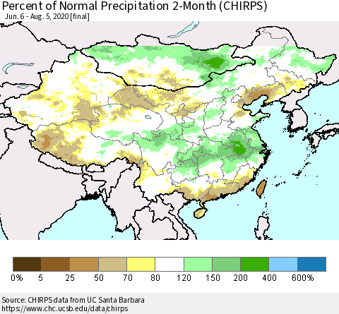 China, Mongolia and Taiwan Percent of Normal Precipitation 2-Month (CHIRPS) Thematic Map For 6/6/2020 - 8/5/2020