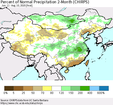 China, Mongolia and Taiwan Percent of Normal Precipitation 2-Month (CHIRPS) Thematic Map For 6/11/2020 - 8/10/2020