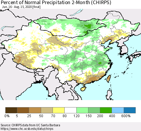 China, Mongolia and Taiwan Percent of Normal Precipitation 2-Month (CHIRPS) Thematic Map For 6/16/2020 - 8/15/2020