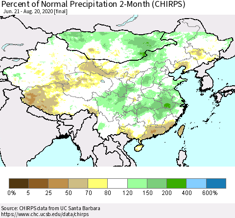 China, Mongolia and Taiwan Percent of Normal Precipitation 2-Month (CHIRPS) Thematic Map For 6/21/2020 - 8/20/2020