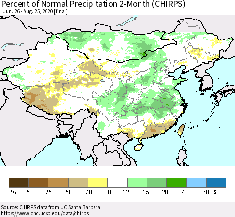 China, Mongolia and Taiwan Percent of Normal Precipitation 2-Month (CHIRPS) Thematic Map For 6/26/2020 - 8/25/2020