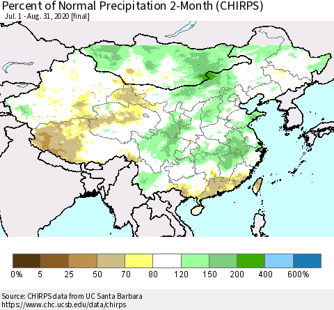 China, Mongolia and Taiwan Percent of Normal Precipitation 2-Month (CHIRPS) Thematic Map For 7/1/2020 - 8/31/2020
