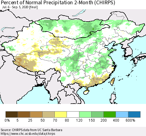 China, Mongolia and Taiwan Percent of Normal Precipitation 2-Month (CHIRPS) Thematic Map For 7/6/2020 - 9/5/2020