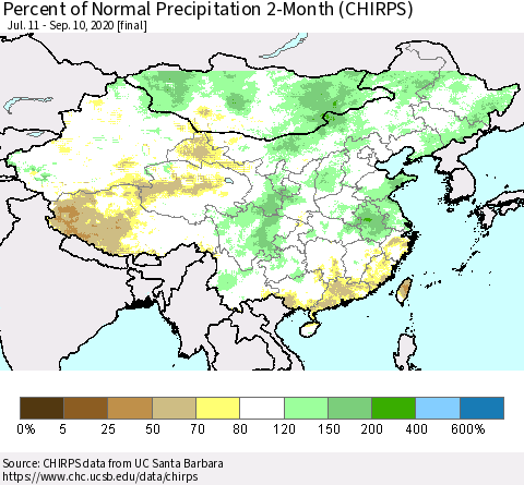 China, Mongolia and Taiwan Percent of Normal Precipitation 2-Month (CHIRPS) Thematic Map For 7/11/2020 - 9/10/2020
