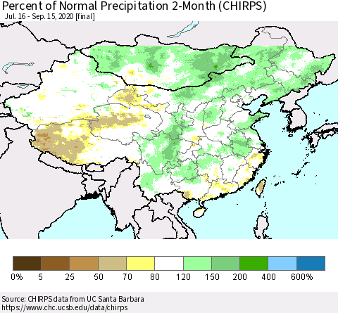 China, Mongolia and Taiwan Percent of Normal Precipitation 2-Month (CHIRPS) Thematic Map For 7/16/2020 - 9/15/2020