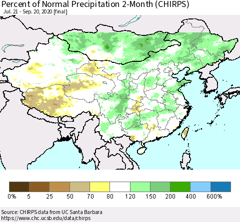 China, Mongolia and Taiwan Percent of Normal Precipitation 2-Month (CHIRPS) Thematic Map For 7/21/2020 - 9/20/2020