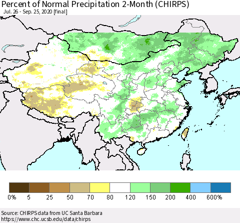 China, Mongolia and Taiwan Percent of Normal Precipitation 2-Month (CHIRPS) Thematic Map For 7/26/2020 - 9/25/2020