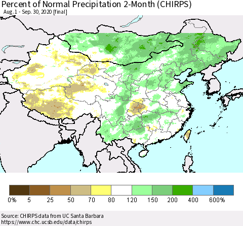 China, Mongolia and Taiwan Percent of Normal Precipitation 2-Month (CHIRPS) Thematic Map For 8/1/2020 - 9/30/2020