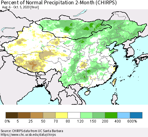 China, Mongolia and Taiwan Percent of Normal Precipitation 2-Month (CHIRPS) Thematic Map For 8/6/2020 - 10/5/2020