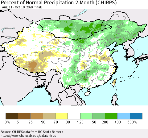 China, Mongolia and Taiwan Percent of Normal Precipitation 2-Month (CHIRPS) Thematic Map For 8/11/2020 - 10/10/2020