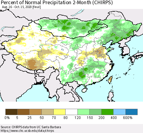 China, Mongolia and Taiwan Percent of Normal Precipitation 2-Month (CHIRPS) Thematic Map For 8/16/2020 - 10/15/2020