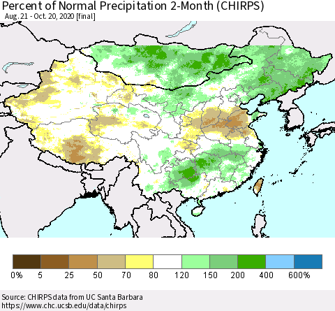 China, Mongolia and Taiwan Percent of Normal Precipitation 2-Month (CHIRPS) Thematic Map For 8/21/2020 - 10/20/2020