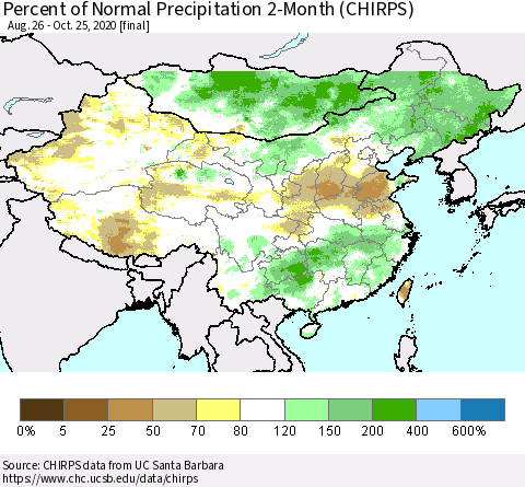 China, Mongolia and Taiwan Percent of Normal Precipitation 2-Month (CHIRPS) Thematic Map For 8/26/2020 - 10/25/2020