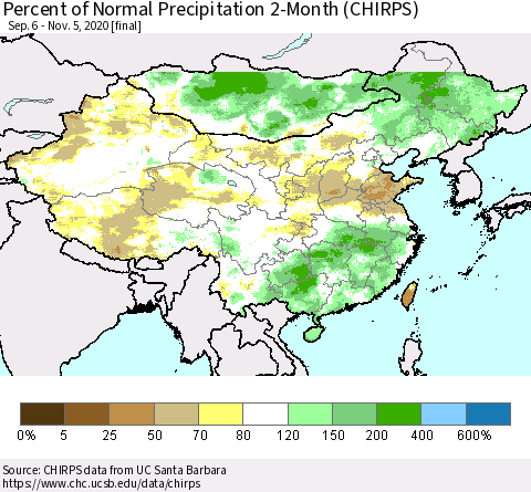 China, Mongolia and Taiwan Percent of Normal Precipitation 2-Month (CHIRPS) Thematic Map For 9/6/2020 - 11/5/2020