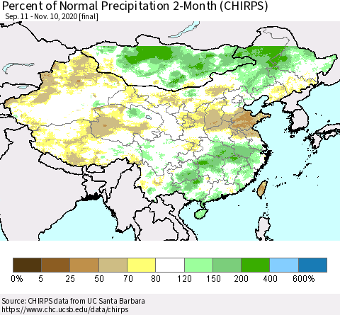 China, Mongolia and Taiwan Percent of Normal Precipitation 2-Month (CHIRPS) Thematic Map For 9/11/2020 - 11/10/2020