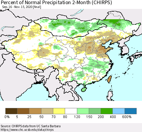 China, Mongolia and Taiwan Percent of Normal Precipitation 2-Month (CHIRPS) Thematic Map For 9/16/2020 - 11/15/2020