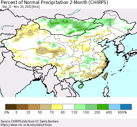 China, Mongolia and Taiwan Percent of Normal Precipitation 2-Month (CHIRPS) Thematic Map For 9/21/2020 - 11/20/2020
