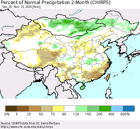 China, Mongolia and Taiwan Percent of Normal Precipitation 2-Month (CHIRPS) Thematic Map For 9/26/2020 - 11/25/2020