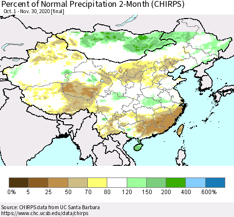 China, Mongolia and Taiwan Percent of Normal Precipitation 2-Month (CHIRPS) Thematic Map For 10/1/2020 - 11/30/2020