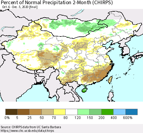 China, Mongolia and Taiwan Percent of Normal Precipitation 2-Month (CHIRPS) Thematic Map For 10/6/2020 - 12/5/2020