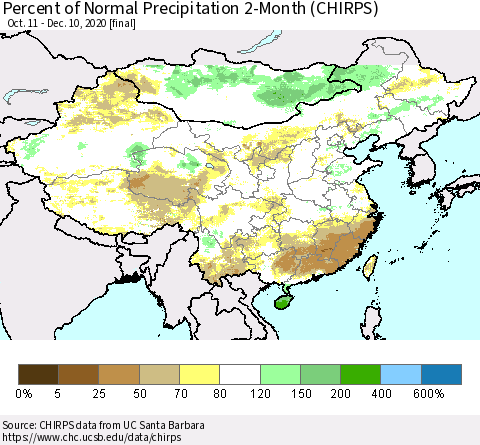 China, Mongolia and Taiwan Percent of Normal Precipitation 2-Month (CHIRPS) Thematic Map For 10/11/2020 - 12/10/2020