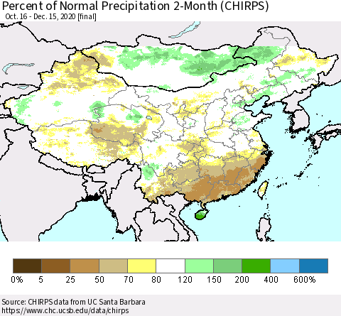 China, Mongolia and Taiwan Percent of Normal Precipitation 2-Month (CHIRPS) Thematic Map For 10/16/2020 - 12/15/2020