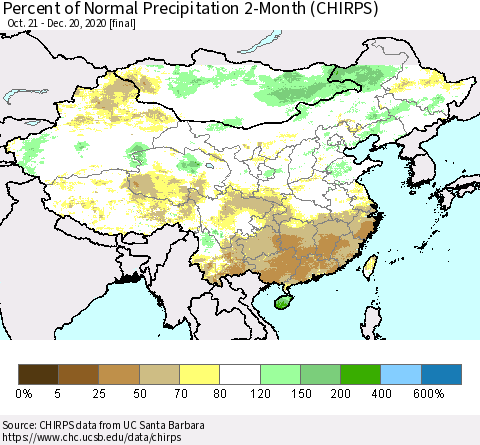 China, Mongolia and Taiwan Percent of Normal Precipitation 2-Month (CHIRPS) Thematic Map For 10/21/2020 - 12/20/2020