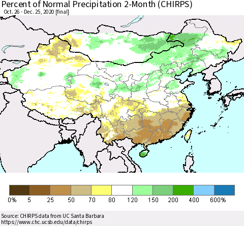 China, Mongolia and Taiwan Percent of Normal Precipitation 2-Month (CHIRPS) Thematic Map For 10/26/2020 - 12/25/2020