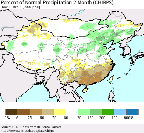 China, Mongolia and Taiwan Percent of Normal Precipitation 2-Month (CHIRPS) Thematic Map For 11/1/2020 - 12/31/2020