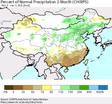 China, Mongolia and Taiwan Percent of Normal Precipitation 2-Month (CHIRPS) Thematic Map For 11/6/2020 - 1/5/2021
