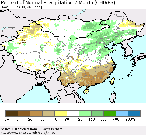 China, Mongolia and Taiwan Percent of Normal Precipitation 2-Month (CHIRPS) Thematic Map For 11/11/2020 - 1/10/2021