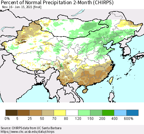 China, Mongolia and Taiwan Percent of Normal Precipitation 2-Month (CHIRPS) Thematic Map For 11/16/2020 - 1/15/2021
