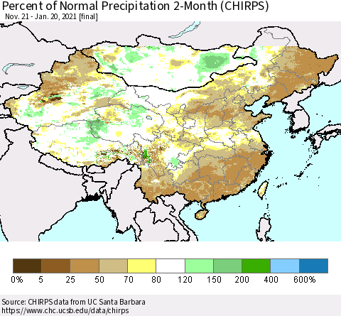 China, Mongolia and Taiwan Percent of Normal Precipitation 2-Month (CHIRPS) Thematic Map For 11/21/2020 - 1/20/2021