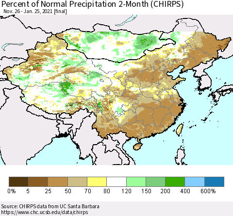 China, Mongolia and Taiwan Percent of Normal Precipitation 2-Month (CHIRPS) Thematic Map For 11/26/2020 - 1/25/2021